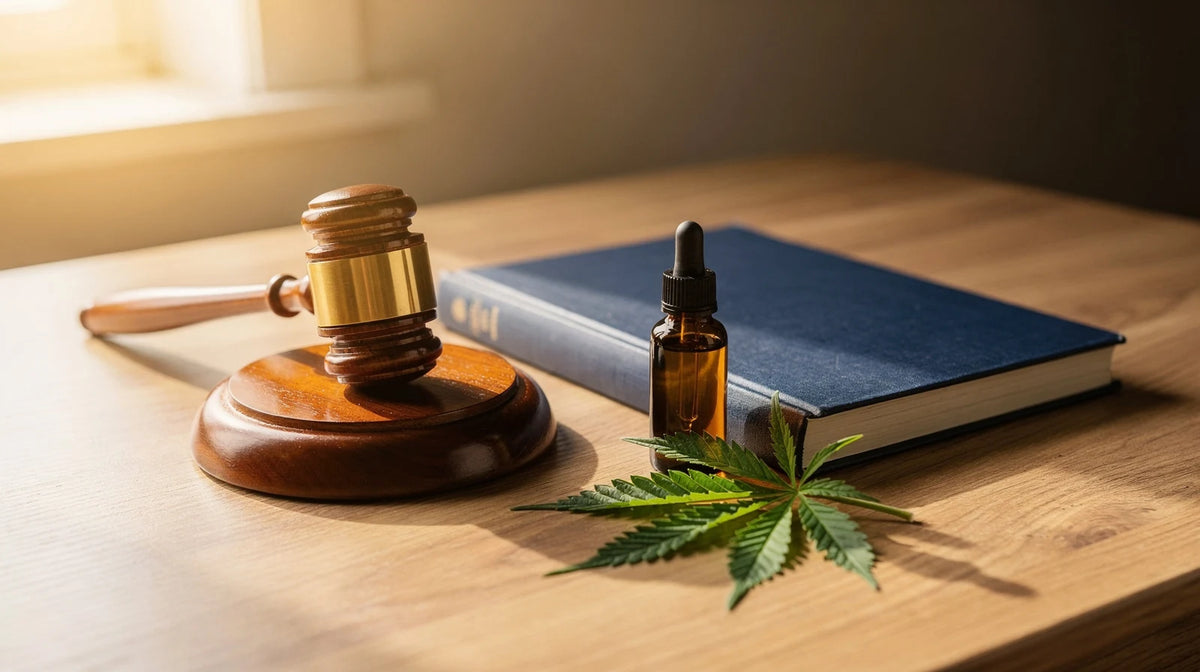 CBD legal: Richterhammer und blaues Buch mit brauner Pipettenflasche und Hanfblatt auf einem Schreibtisch