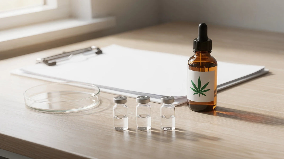 CBD nachweisbar: drei Probenfläschchen, Petrischale und Klemmbrett neben einer Pipettenflasche mit Hanfblatt-Etikett