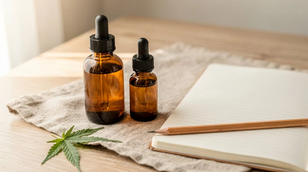 CBD Öl Erfahrungen: zwei braune Pipettenflaschen auf Leinen neben einem leeren Notizbuch mit Bleistift