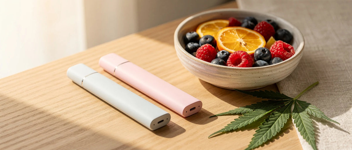 DNT-9 Erfahrungen: zwei Vapes neben einer Schale mit Beeren und Zitrusscheiben und einem Hanfblatt auf hellem Holz