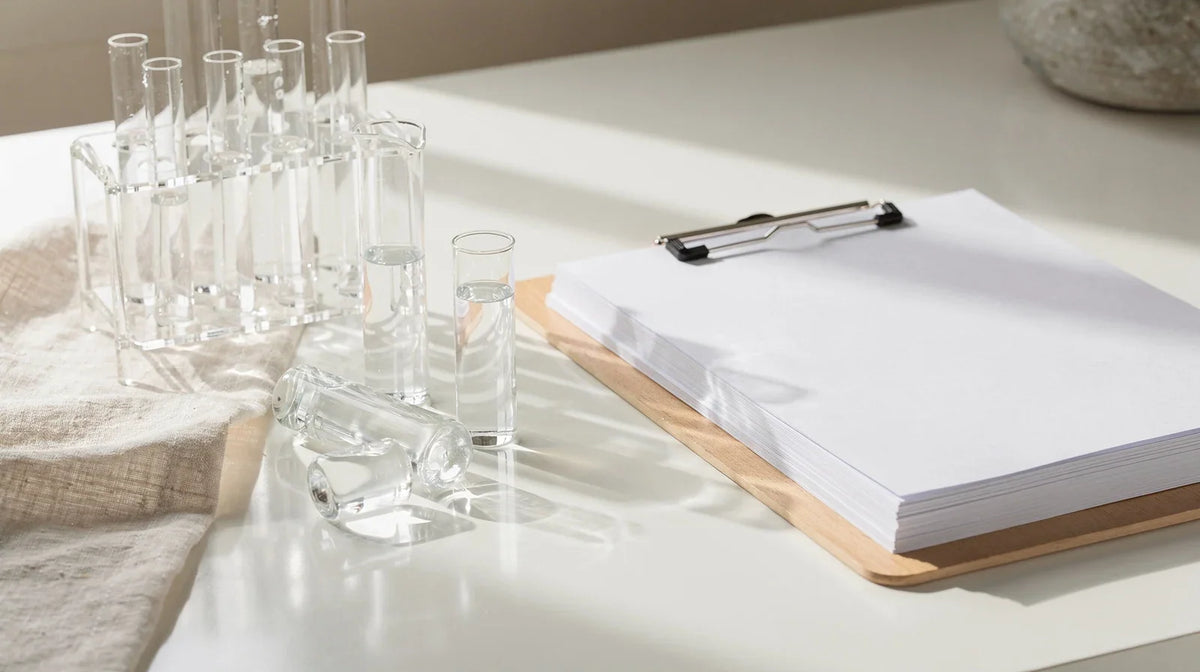 Laborglas und Reagenzgläser neben Klemmbrett, HHCP nachweisbar bei Drogentests