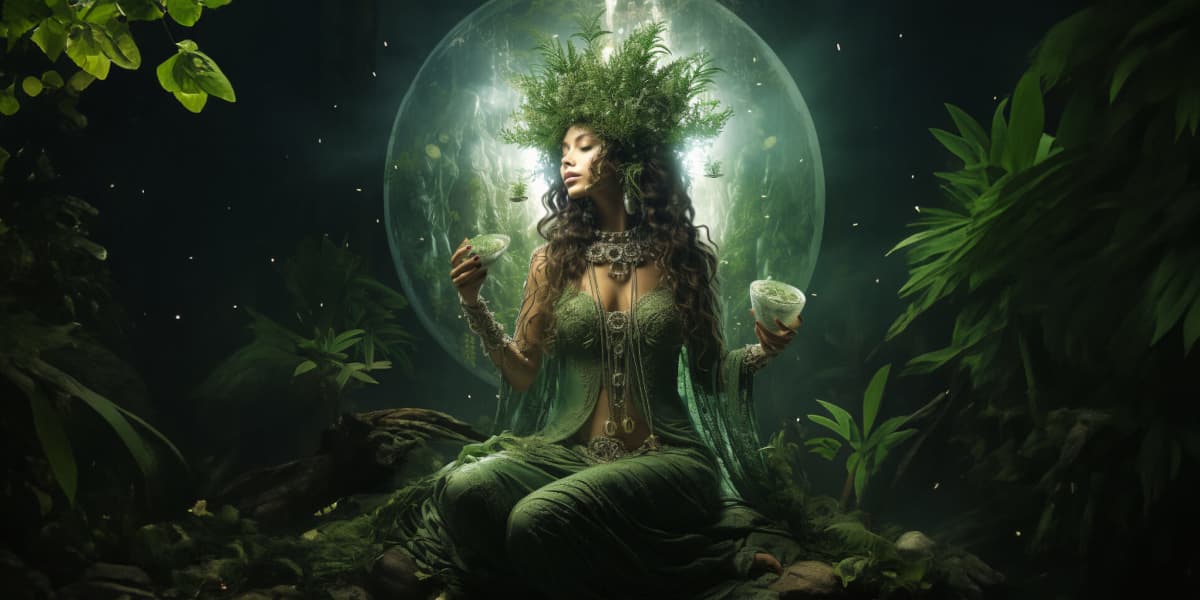 Mutter Natur inmitten von Pflanzen mischt ein Wundermittel|Strukturformel von CBD|Mutter Natur inmitten von Pflanzen mischt ein Wundermittel