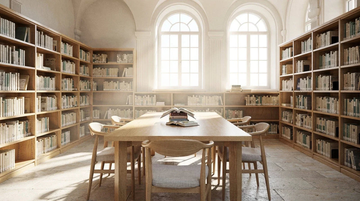 PHC legal: Helle Bibliothek mit hohen Eichenregalen und Lesetisch