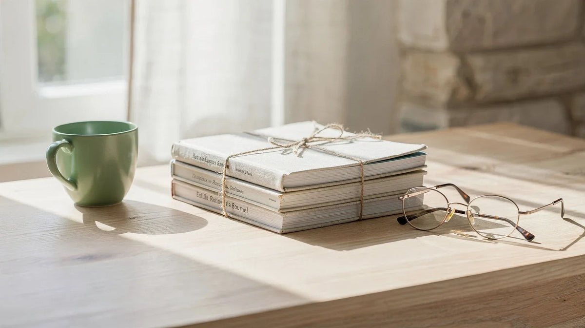 PHC Wirkung: Fachzeitschriften mit Schnur, Brille und Tasse auf Holzschreibtisch