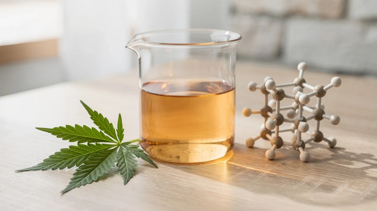 Was ist THC-O: Laborglas mit bernsteinfarbener Flüssigkeit, Molekülmodell und Hanfblatt