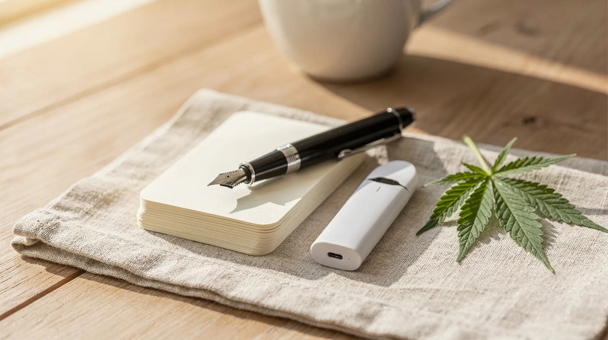 THCP Erfahrungen: Stapel Karteikarten mit Füllfederhalter auf Leinen neben einem weißen Vape-Gerät und einem Hanfblatt