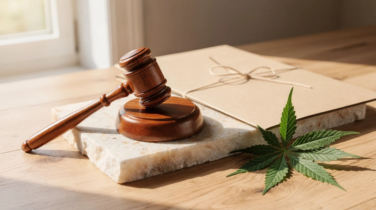THCP legal: Richterhammer aus Holz auf einer Steinplatte neben einer verschnürten Mappe und einem Hanfblatt