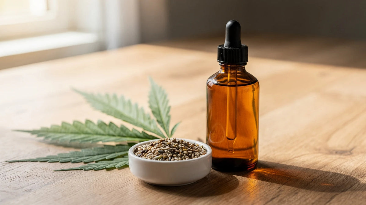 Was ist CBD: braune Pipettenflasche neben Hanfblatt und einer Schale Hanfsamen auf einem Holztisch