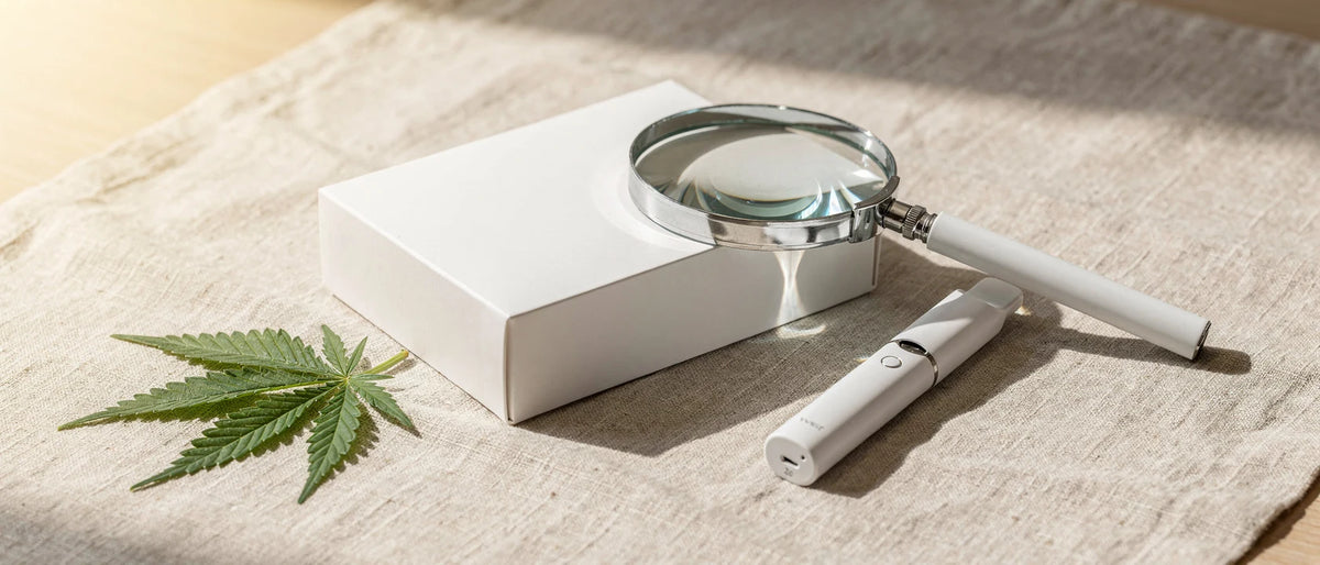 Was ist DNT-9: Lupe über einer weißen Schachtel neben einem Vape und einem Hanfblatt auf Leinen