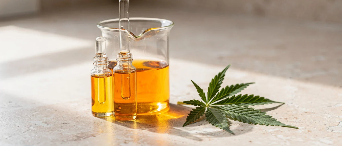 Was ist Superior Blend: Becherglas und Pipetten mit goldener Flüssigkeit neben einem Hanfblatt