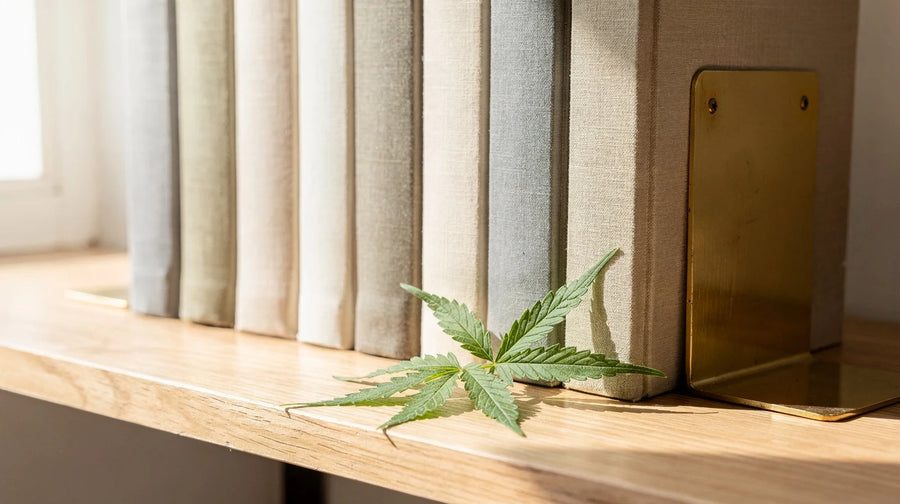 10-OH-HHC legal: Reihe gebundener Gesetzbücher mit Buchstütze aus Messing und einem Hanfblatt auf einem Regal aus Eiche