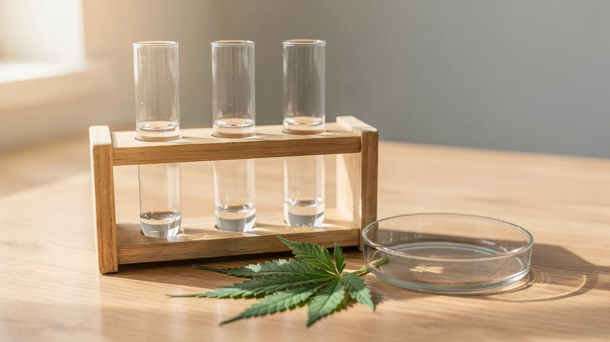 10-OH-HHC Wirkung: drei Reagenzgläser im Holzständer, eine Petrischale aus Glas und ein Hanfblatt auf einem Holztisch