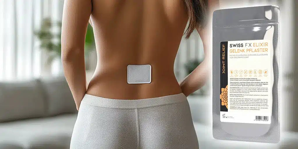 Eine Frau mit einem medizinischen Pflaster auf dem Rücken und daneben eine Packung Swiss FX Elixir CBD Pflaster|Endocannabinoidsystem mit CB1- und CB2 Rezeptoren|Ein Mann mit Rückenschmerzen, Wirbelsäule und schmerzende Stelle auf dem Rücken dargestellt