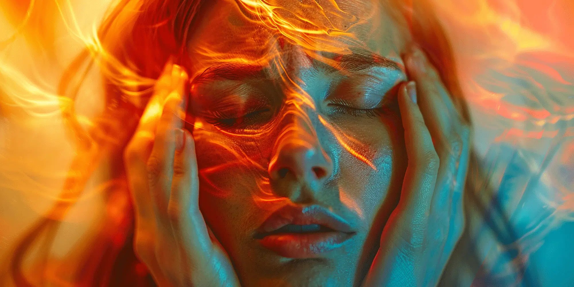 Eine Frau leidet an Migräne|Frau mit Migräne beim Arzt|Konzeptbild zur Wirkung von CBD-Öl|Eine Frau leidet an Migräne|CBD Öl und verschiedene Pillen, umrahmt von Cannabisblättern