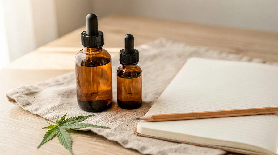 CBD Öl Erfahrungen: zwei braune Pipettenflaschen auf Leinen neben einem leeren Notizbuch mit Bleistift