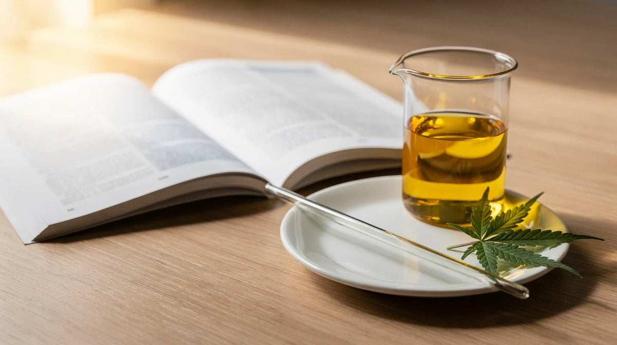 CBD Wirkung: Becherglas mit goldenem Öl, Glaspipette und Hanfblatt neben einer aufgeschlagenen Fachzeitschrift