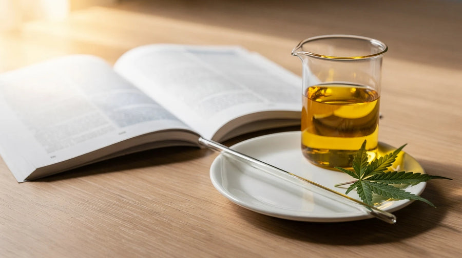 CBD Wirkung: Becherglas mit goldenem Öl, Glaspipette und Hanfblatt neben einer aufgeschlagenen Fachzeitschrift
