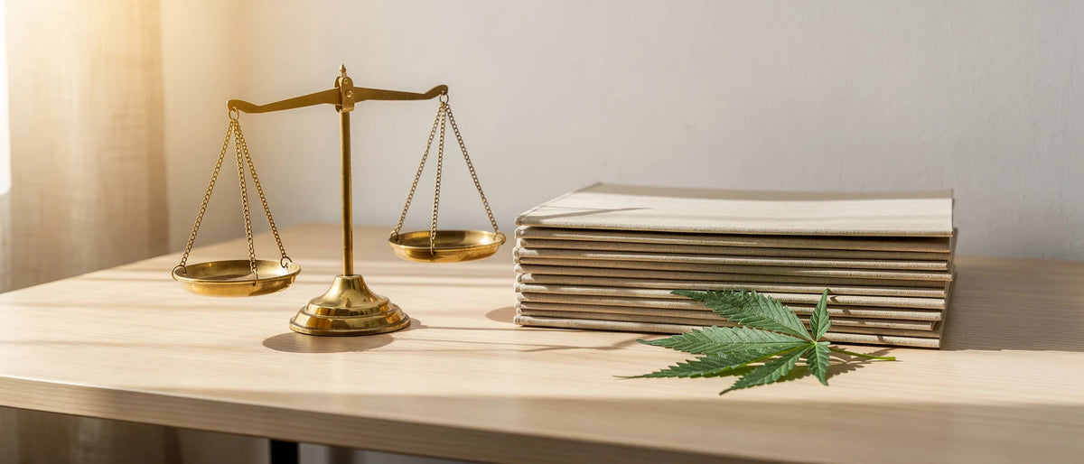 DNT-9 legal: Balkenwaage aus Messing neben einem Stapel Aktenmappen und einem Hanfblatt auf einem hellen Schreibtisch