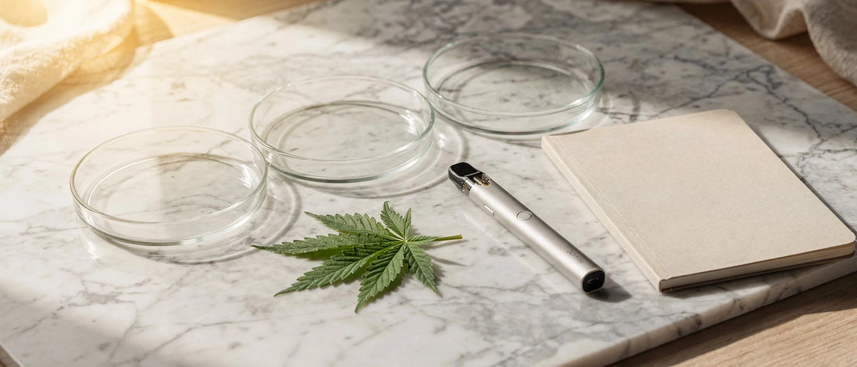 DNT-9 Wirkung: leere Petrischalen aus Glas neben einem Vape, einem Notizbuch und einem Hanfblatt auf Marmor