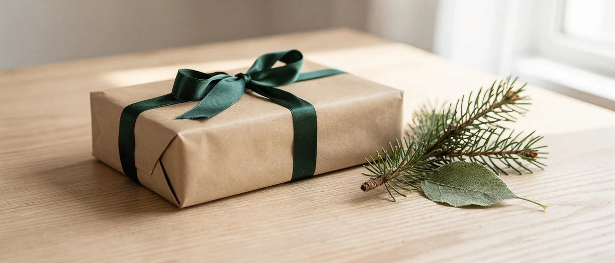Geschenke für Kiffer: in Kraftpapier verpacktes Geschenk mit grünem Band auf hellem Holztisch