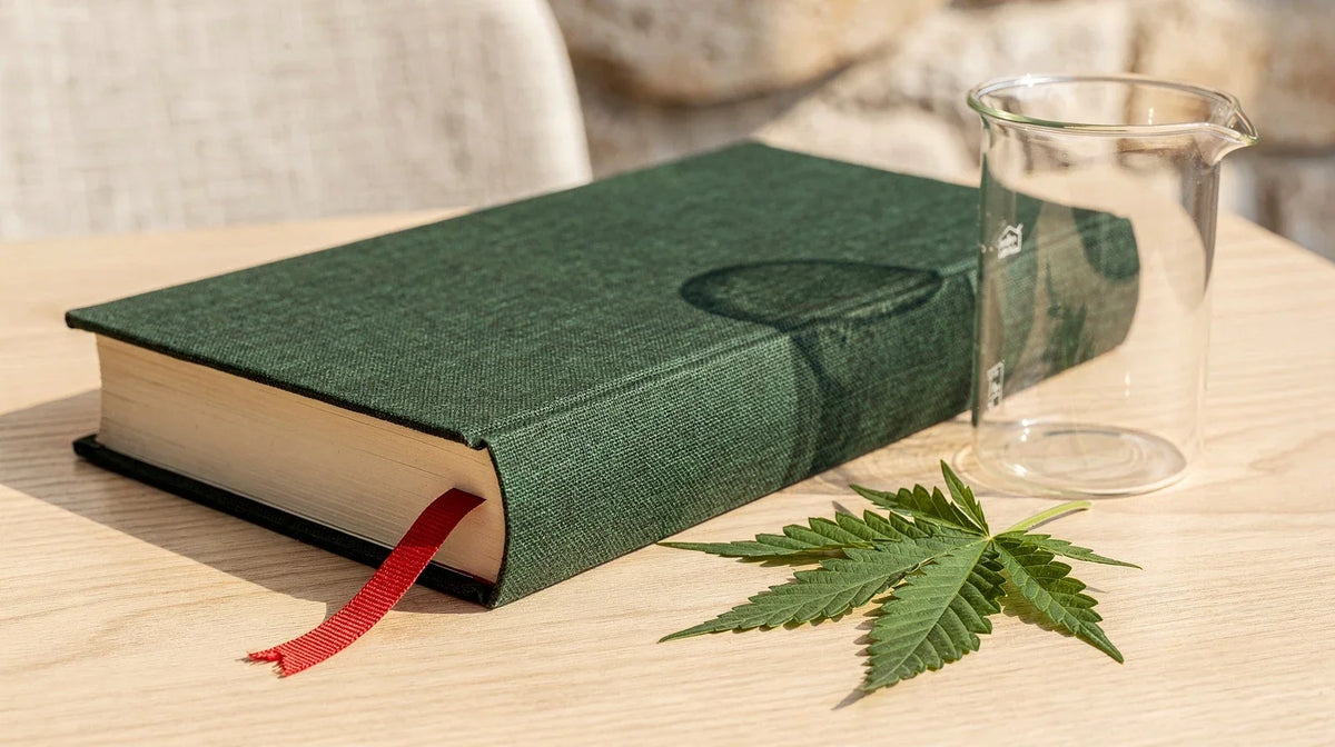 H4CBD legal: Gesetzbuch mit Lesezeichen, leeres Laborglas und Hanfblatt auf hellem Holztisch
