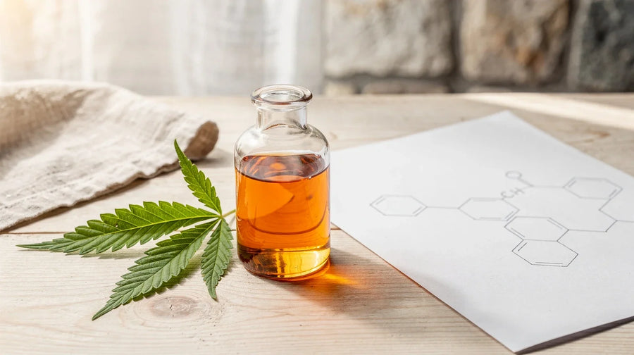 Was ist H4CBD: Laborflasche mit bernsteinfarbener Flüssigkeit, Hanfblatt und Molekülskizze
