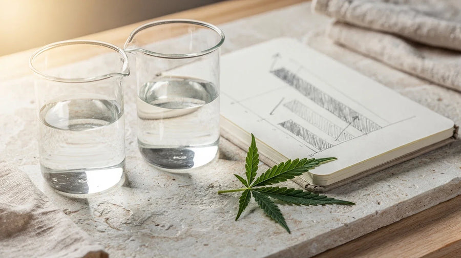 H4CBD Wirkung: zwei Laborgläser, Notizbuch mit Diagramm-Skizze und Hanfblatt auf heller Fläche