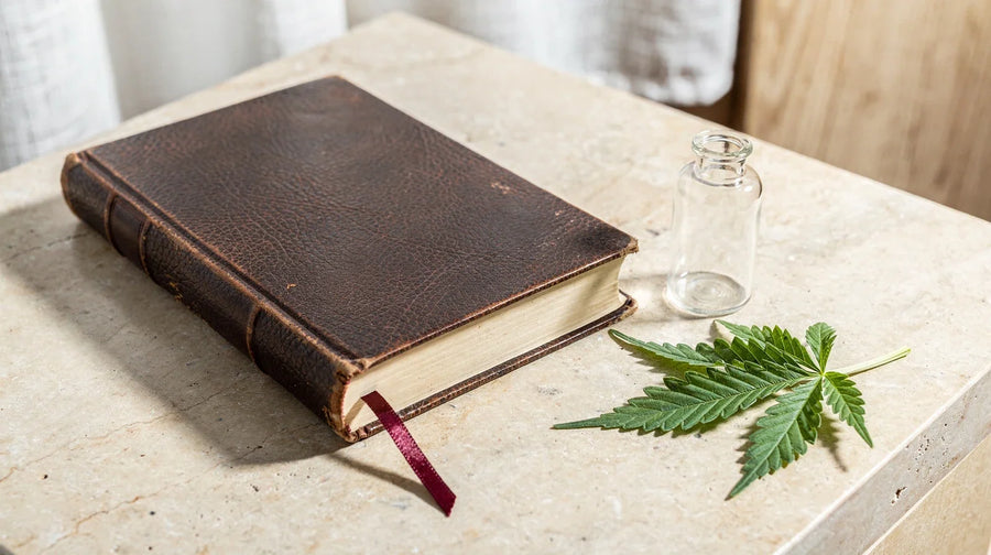 HHCP legal: Gesetzbuch mit Lesezeichen, leeres Glasfläschchen und Hanfblatt auf hellem Steintisch