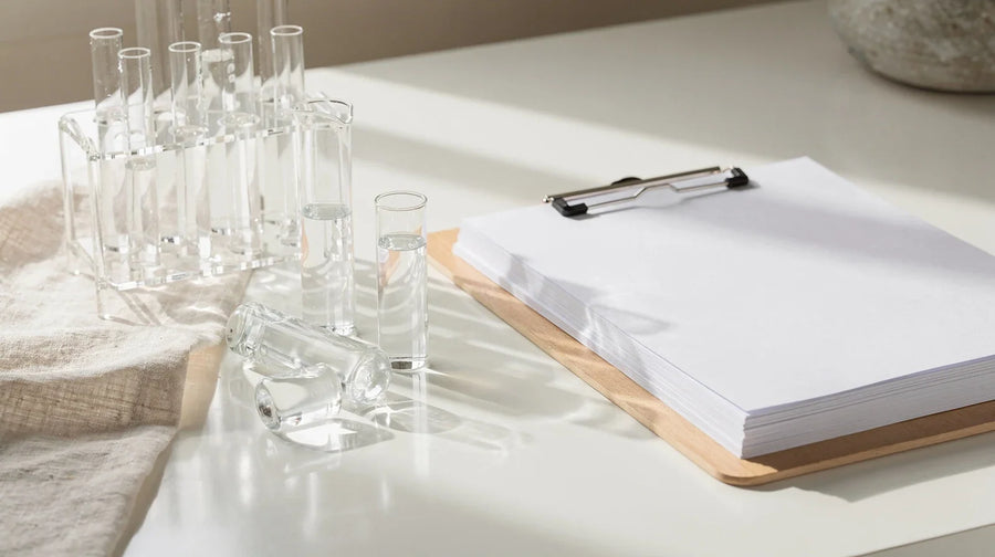 Laborglas und Reagenzgläser neben Klemmbrett, HHCP nachweisbar bei Drogentests