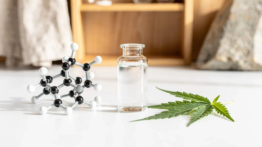 Was ist HHCP: Glasfläschchen, Molekülmodell aus Kugeln und Stäben und Hanfblatt auf Labortisch