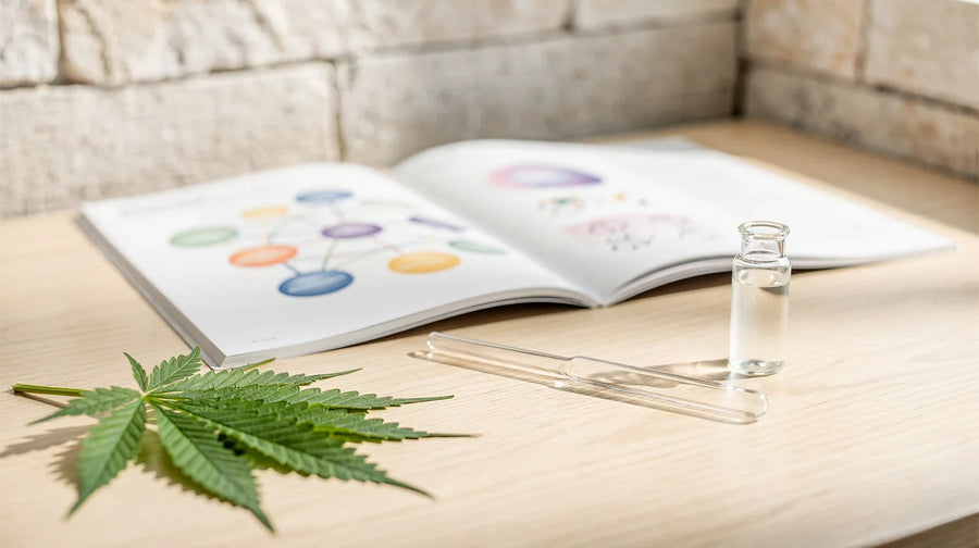 HHCP Wirkung: Fachzeitschrift mit Diagramm, Pipette, leeres Glasfläschchen und Hanfblatt