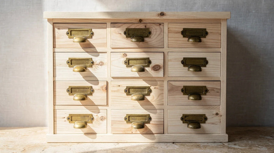 Was ist PHC: Apothekerschrank mit vielen kleinen Holzschubladen