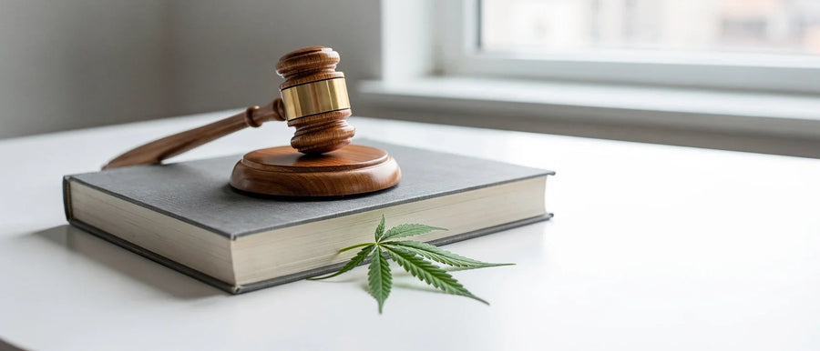 Superior Blend legal: Richterhammer auf einem Gesetzbuch mit einem Hanfblatt auf hellem Schreibtisch