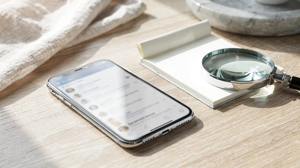 Smartphone mit Forenfenster neben Notizblock und Lupe, THC-O Erfahrungen