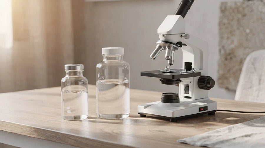 Zwei Glasfläschchen neben Mikroskop auf Labortisch, THCV nachweisbar