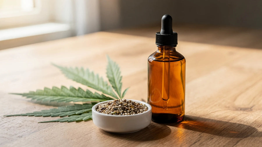 Was ist CBD: braune Pipettenflasche neben Hanfblatt und einer Schale Hanfsamen auf einem Holztisch