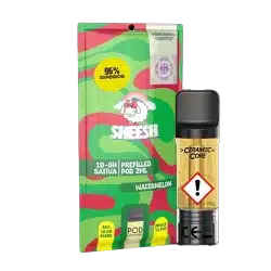 Sheesh 10-OH Hybrid Pod 2ml – watermelon, Verpackung mit Patrone und Warnsymbol.