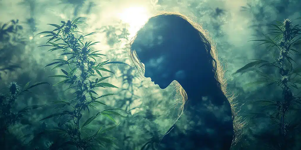 Silhouette einer Frau mit langem Haar im Cannabisfeld, Sonnenlicht durch Blätter wirft Muster auf Gesicht und Körper, magische Stimmung