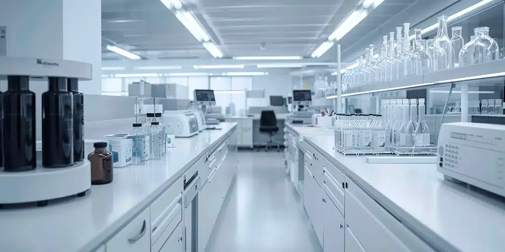 Ein weißes Labor mit Geräten und Reagenzgläsern auf Regalen, moderner Laborraum, Nahaufnahme von weißen Arbeitstischen im Vordergrund