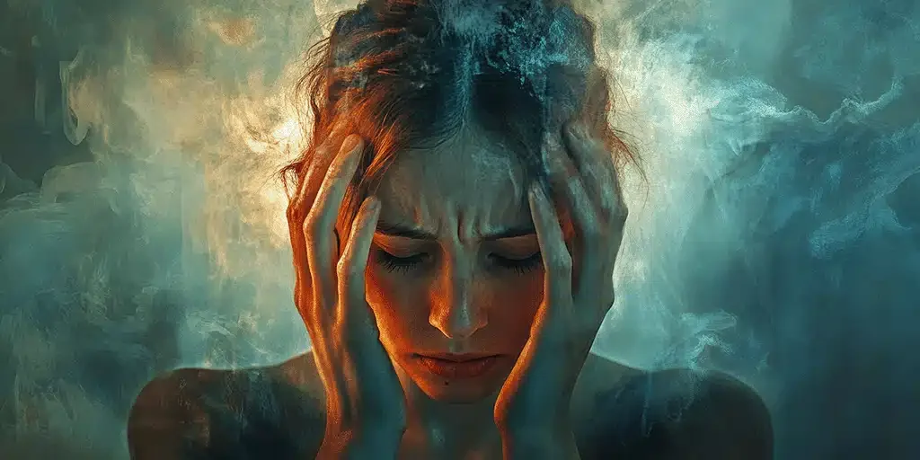 : Eine Frau mit Kopf in den Händen, zeigt Stress und Angst, umgeben von ätherischer Atmosphäre, die seelische Not ausdrückt.