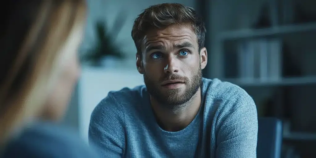 Ein gut aussehender Mann, Ende 30, braunes Haar, blaue Augen, grauer Pullover, besorgt, sitzt und spricht mit einer Ärztin