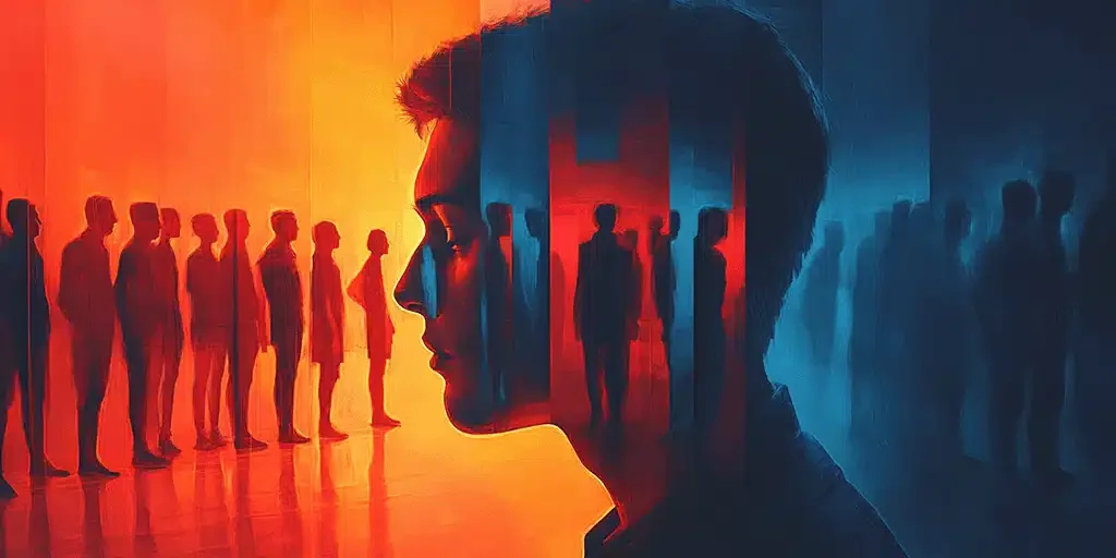 Ein junger Mann fühlt sich einsam inmitten einer Menge, sein Gesicht zeigt Traurigkeit, umgeben von surrealer Vektorkunst